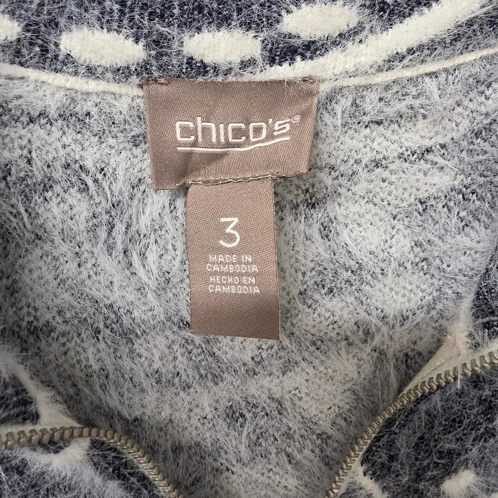 Chicos Navy Blue Paisley Eyelash Knit Quarter Zip Sweater Shimmer Size 3 Large